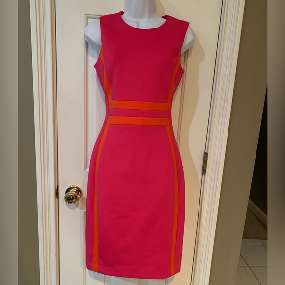 Calvin Klein Dress Pink Orange NWT $134 Color Block Pinstripe Slimming Summer - Picture 4 of 9
